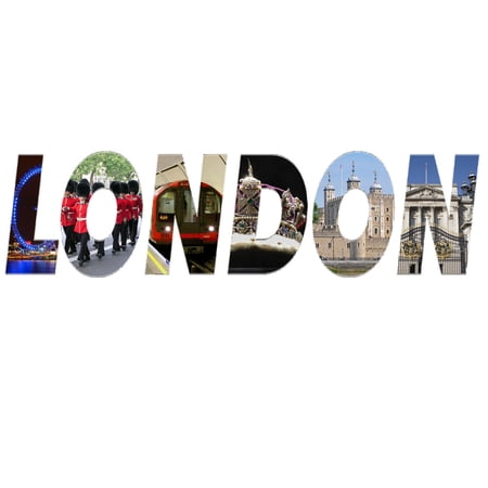 London Banner Art Design with Various Famous Pictures as Fonts for Living Room Vinyl Wall Decal - Ferris Wheel, Queen's Guard, Train and Monuments Cool and Abstract Artwork Design for Bedroom Wall Dec