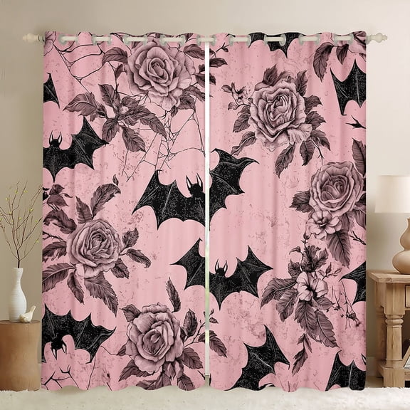 Feelyou Gothic Bat Print Black Out Curtains, Vintage Pink Rose Curtains Pack of 2 (42x63 Each), Western Halloween Bedroom Curtains, Luxury Bedroom Decor