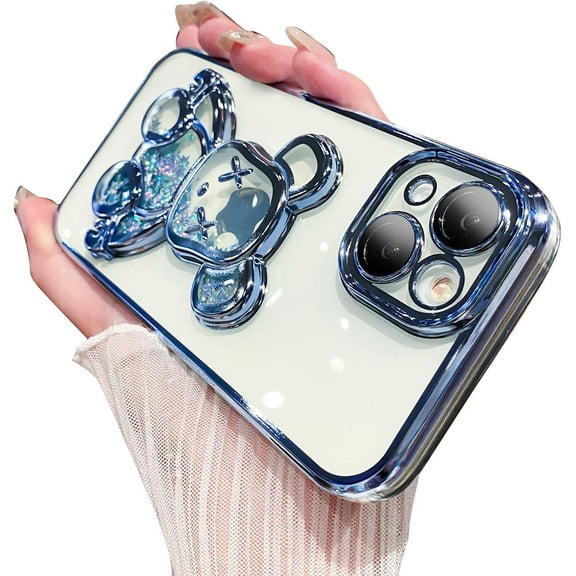 6D Electroplated for iPhone 13 Case for Women Girls Luxury Liquid Quicksand Case with Camera Protector Glitter Sparkly Bear Slim Shockproof Rubber Protecive Case (Blue)