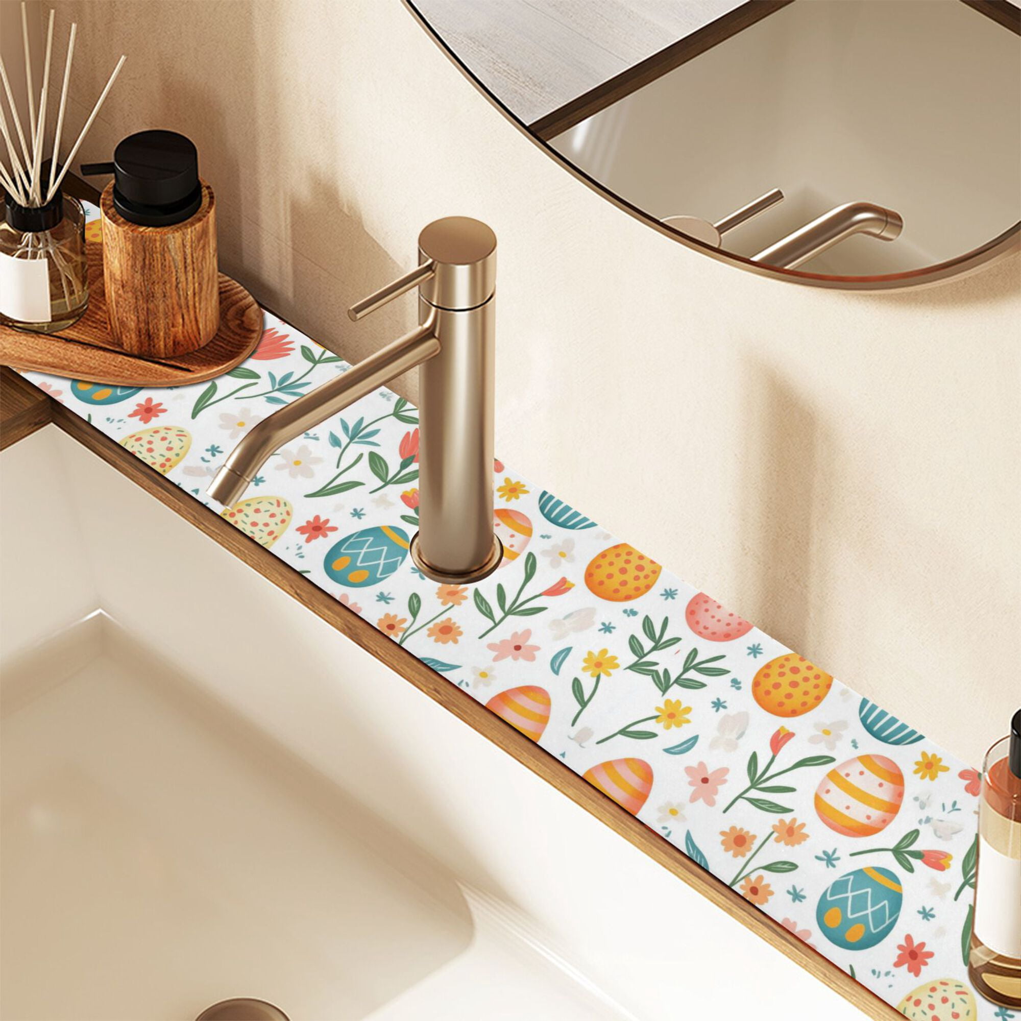 Yayeee Faucet Mat for Kitchen Sink 14.7" Diatomite Long Splash Guard Pad, Floral Easter Eggs