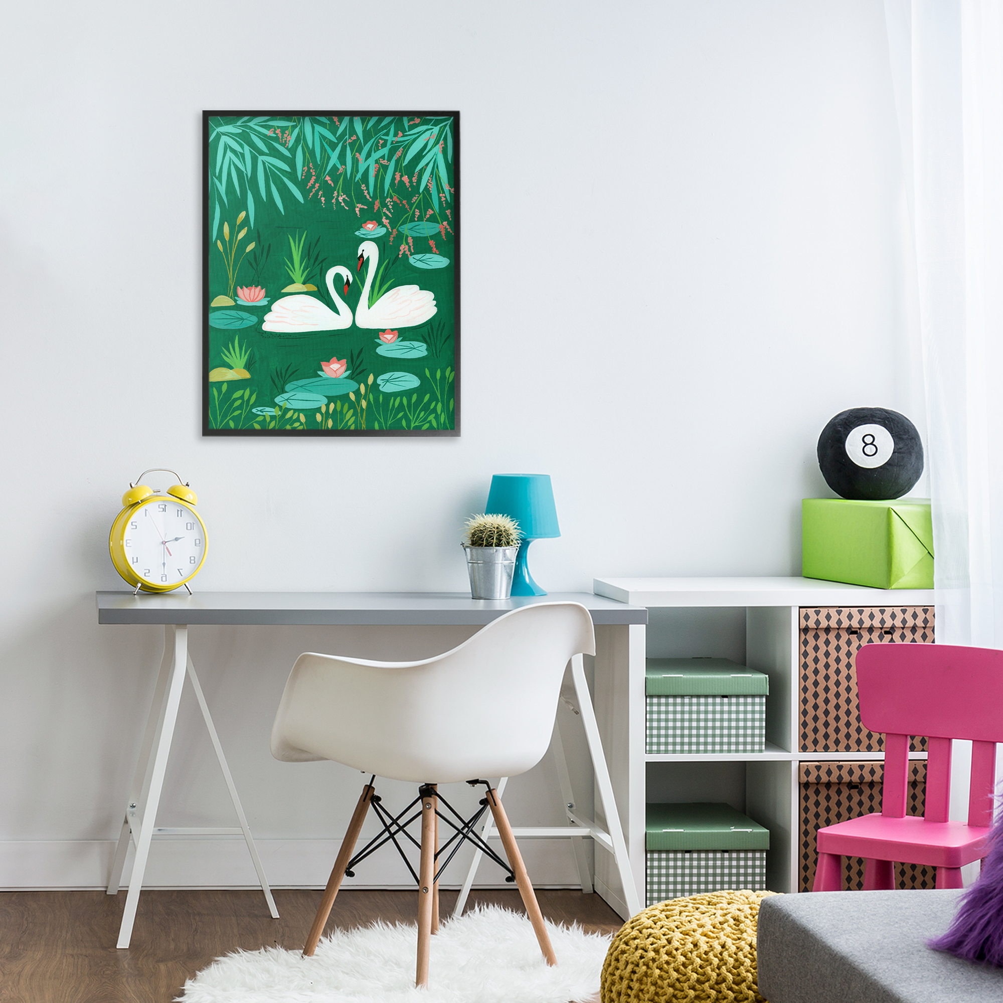 Swan Pair on Green Pond Black Framed Giclee Art, design by Nabeela Rumi