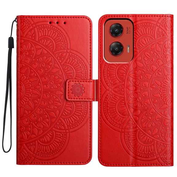 For Moto G Power 5G (2024) Folio Wallet Case with Wrist Strap, Embossed Sunflower Pattern, Lightweight Protective PU Leather Phone Case with Credit Card/Cash Slots, Magnetic Closure, Red