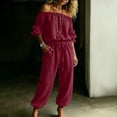 thumbnail image 5 of Ygbgbb Womens Off Shoulder 3/4 Sleeve Drawstring Waist Jogger Jumpsuit with Side Pockets for Vacation Wine S, 5 of 6