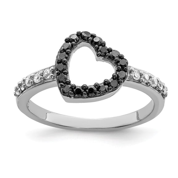 Sterling Silver Rhodium Black and White Cubic Zirconia Heart Ring - Size 6