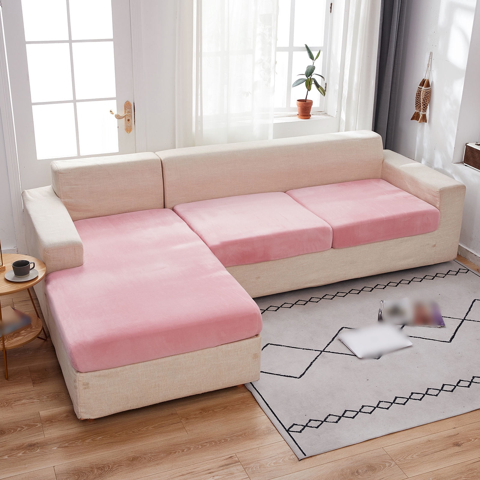 Velvet 1 2 3 Cushion Couch Cushion Cover for L-Shaped Sofa Chaise Longue Sofa Slipcover, Stretch Sofa Cover Non-slip Soft Furniture Protector -Pink-Loveseat