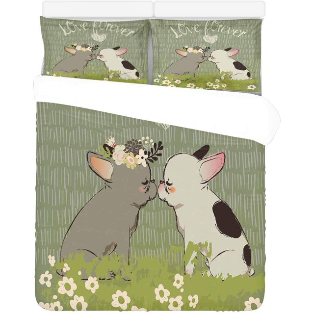 ABPHQTO Juego de ropa de cama de 3 piezas Funda nórdica de Bulldogs de dibujos animados lindos con 2 fundas de almohada para la decoración de la habitación de la ropa de cama del hogar