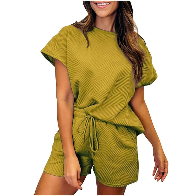 Yuyuzo Ensemble Deux Pièces pour Femmes Manches Courtes Col Rond Shorts à Taille Élastique avec Poches