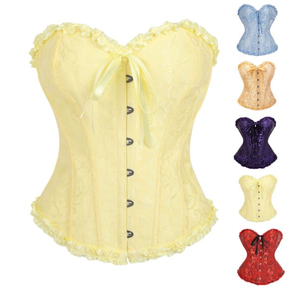 Women's Gothic Corset Tops Strapless Vintage Floral Fishbone Bustier Tube Tops for Renaissance Evening Halloween Costume Yellow L