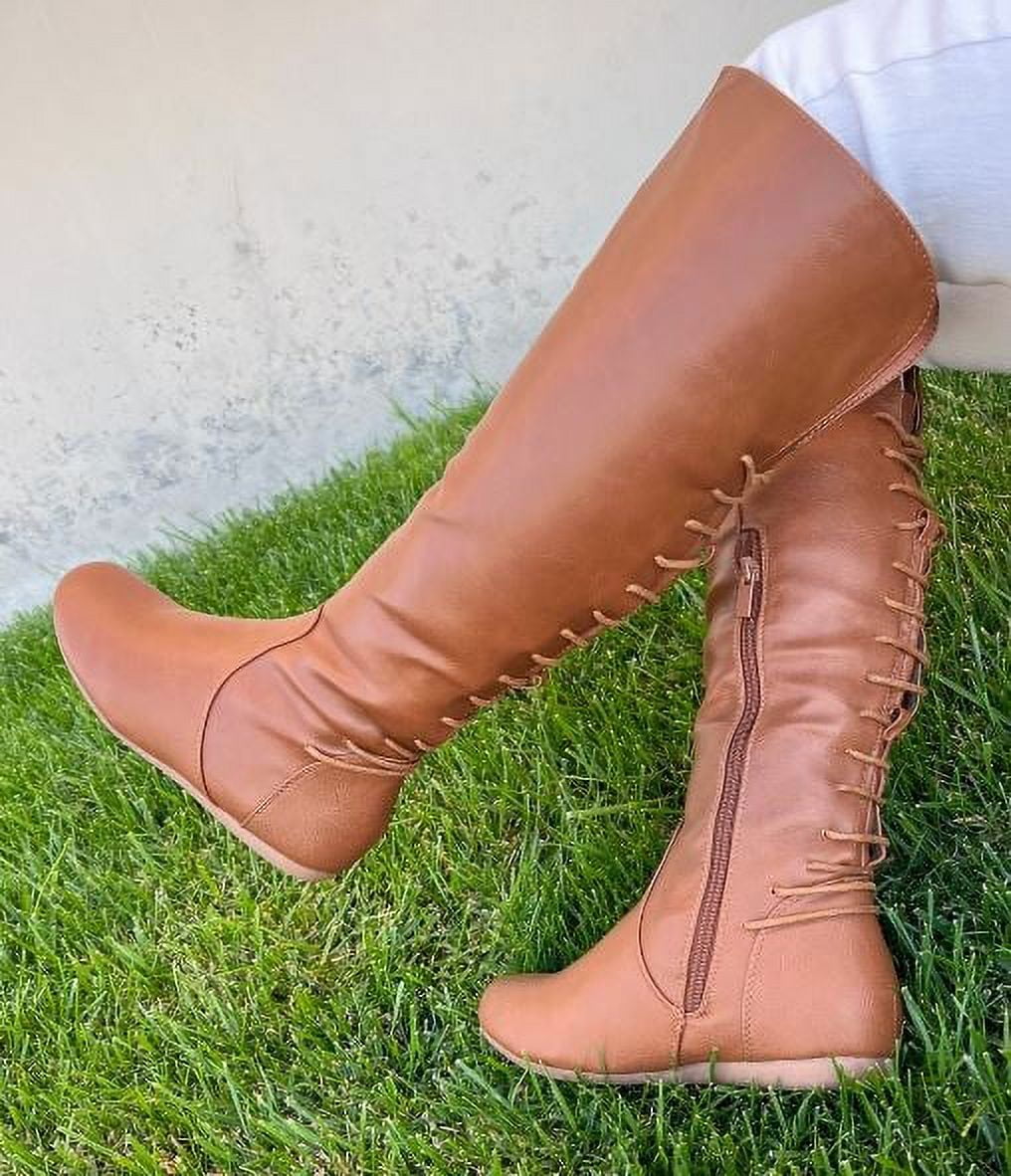 Top Moda Women Knee High Boots Back Lace Flat Heel Side Zipper 