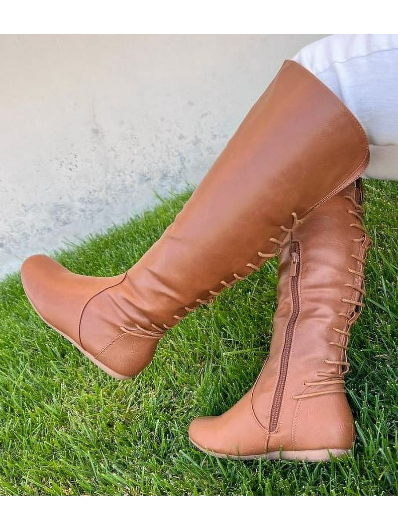 Top Moda Women Knee High Boots Back Lace Flat Heel Side