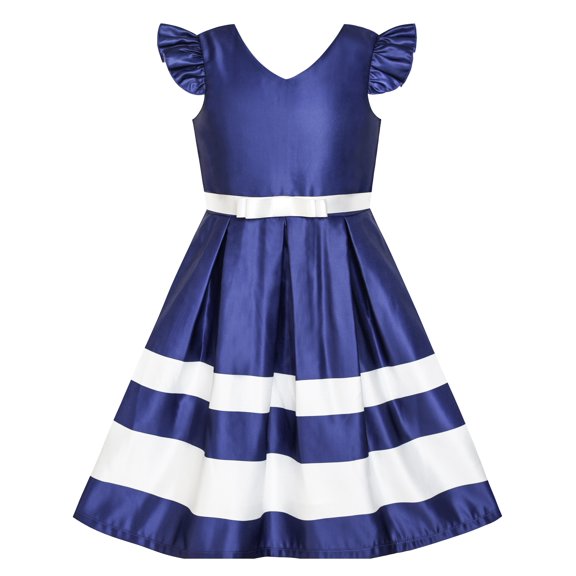 Girls Dress Navy Blue V-neckline Ribbon Color Contrast 6