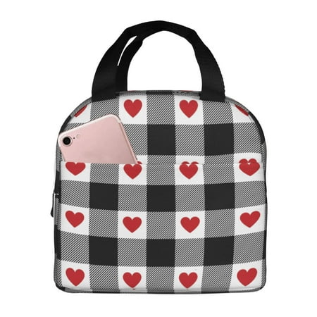 Insulated Lunch Bag for Women Men - Heart Black Buffalo Plaid Gingham Leakproof Cooler Lunch Box for Women Men  Lunch Tote Bags for Work School Picnic Travel