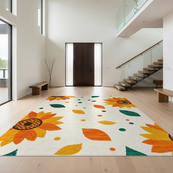 Design&I 8'x10' Washable Area Rug Sleek Flatweave Pet Friendly Abstract Sunflower Petal Motif Contemporary Decorative Orange for King Size Bedroom, Under Bed