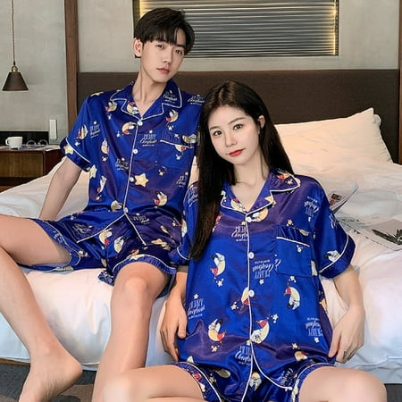 

PIKADINGNIS Young Lover Pajamas Fake Silk Women Short Sleeve Summer Man Pyjama Loose Men Couple Pijama Set Soft Sleepwear Shirt