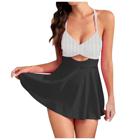 QHFBli Women One Piece Swimsuit Cutout One PC Skirt Swimsuit V Neck Wrap Tie Back Swimdress Bathing Suits
