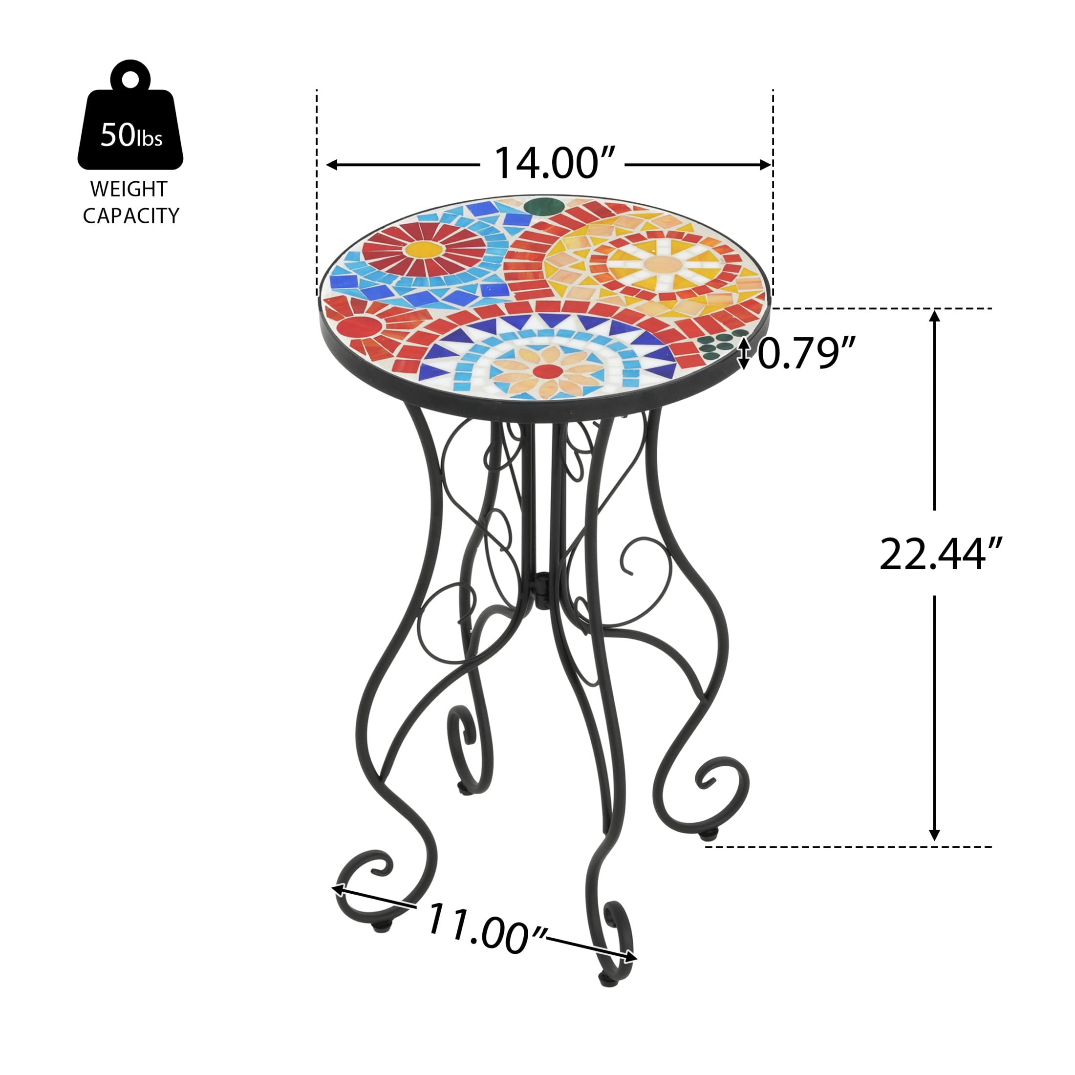 Stow Outdoor Patio Round Side Table, Ceramic Tile, Iron, Black + Colorful