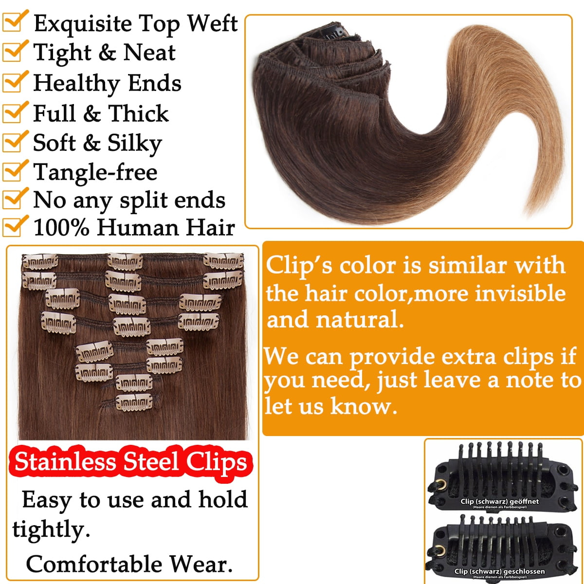 HAIRRO Clip In Human Hair Extensions, Brazilian Hair 8pcs/18Clips Dark Brown to Chestnut Brown Balayage Hair Extensions Full Head Silky Straight 100% Human Hair Clip In Extensions 8Inch-24inch