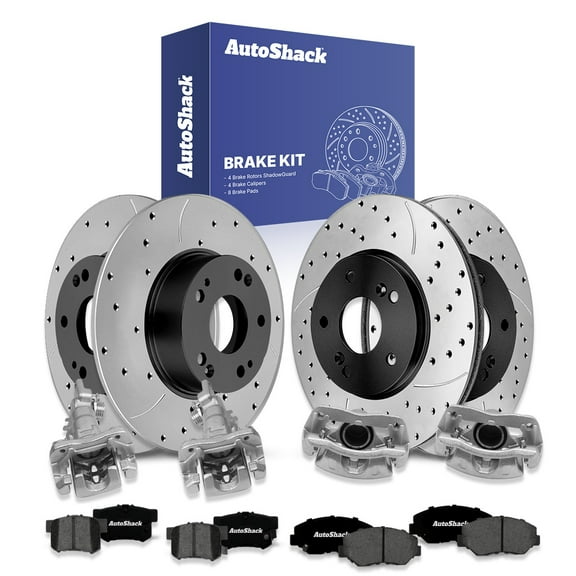 AutoShack Front Vented & Rear Solid Drilled & Slotted E-Coated Brake Rotors   Premium Ceramic Pads   Calipers 16-PC Brake Kit Replacement for 2003-2005 Honda Accord ShadowGuard