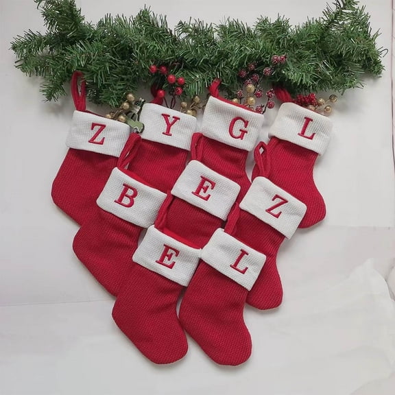 Wzzjkit Christmas Stockings, Red Embroidered Knit Christmas Stocking, Xmas Stocking for Kids, Holiday and Family Stocking for Fireplace or Party Decoration 7x5in