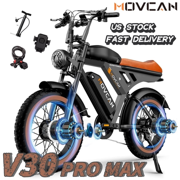 Movcan V30 PRO MAX 3000W(Peak) Dual Motor，48V*15.6AH Dual Battery Electric Bicycles,Hydraulic Brakes 7-Speed Full Suspension UL2849,20" Fat Tire Electric Motorcycle Bike