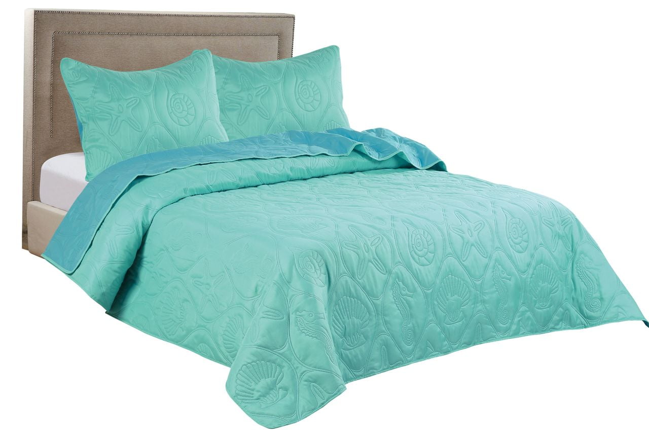 3 PCS Shell & Seahorse Stitched Pinsonic Reversible All Season Soft Microfiber Bedspread Quilt Coverlet Oversize Turquoise Color Queen Size