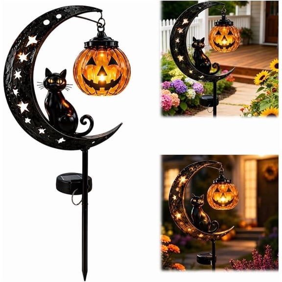 New Halloween Solar Stake Lights, Black Cat Pumpkin Moon Waterproof LED Path Lights Auto On Off for Yard Lawn Patio Outdoor Decor