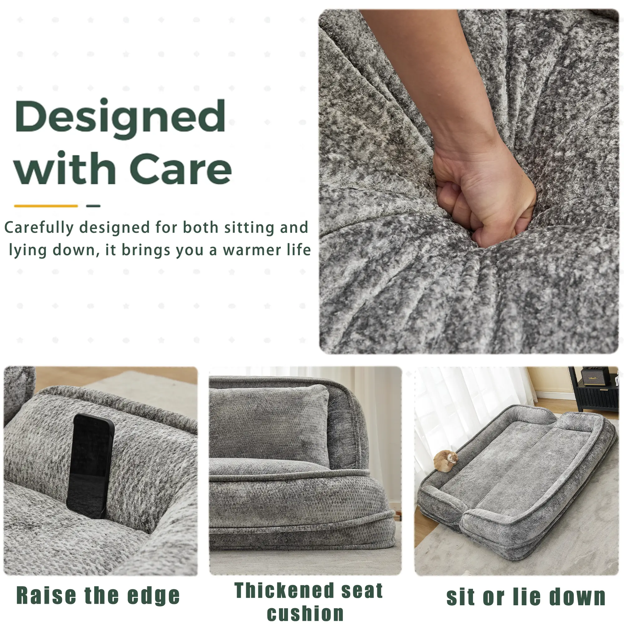 Aukfa Double Human Dog Bed Lazy Sofa Loveseat with Adjustable Backrest, Extra Large 2-Seat Floor Couch with Plump PillowLight Gray