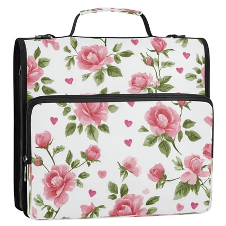 3 Ring Zipper Binder Stationery Organizer for Study Work Home Travel All-Purpose File Folder Storage Bag for Daily Document Organization Floral Rose Seamless Print