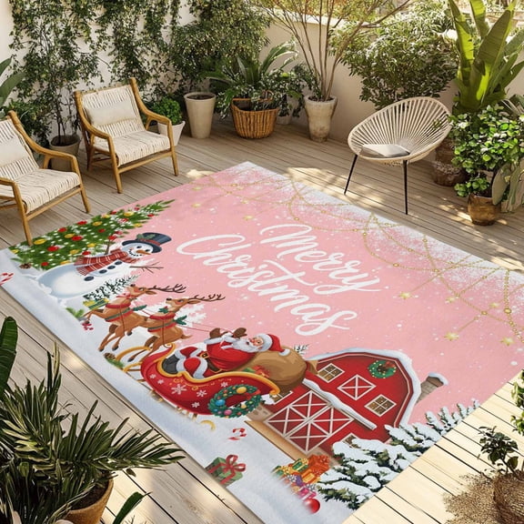 Fsddascl Pink Christmas Outdoor Rug for Patio/Deck/Porch, Non-Slip Large Area Rug 5 x 8 Ft, Xmas Snowman Santa Elk Snowflake Tree Indoor Outdoor Rugs Washable Area Rugs, Camping Rug Carpet Runner