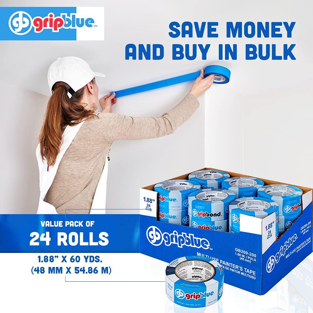 GripBlue Blue Painter’s Tape 2 Inch (1.88 in) x 60 Yards, 24 Rolls Contractor Pack, Multi-Surface Masking Tape, Clean Removal