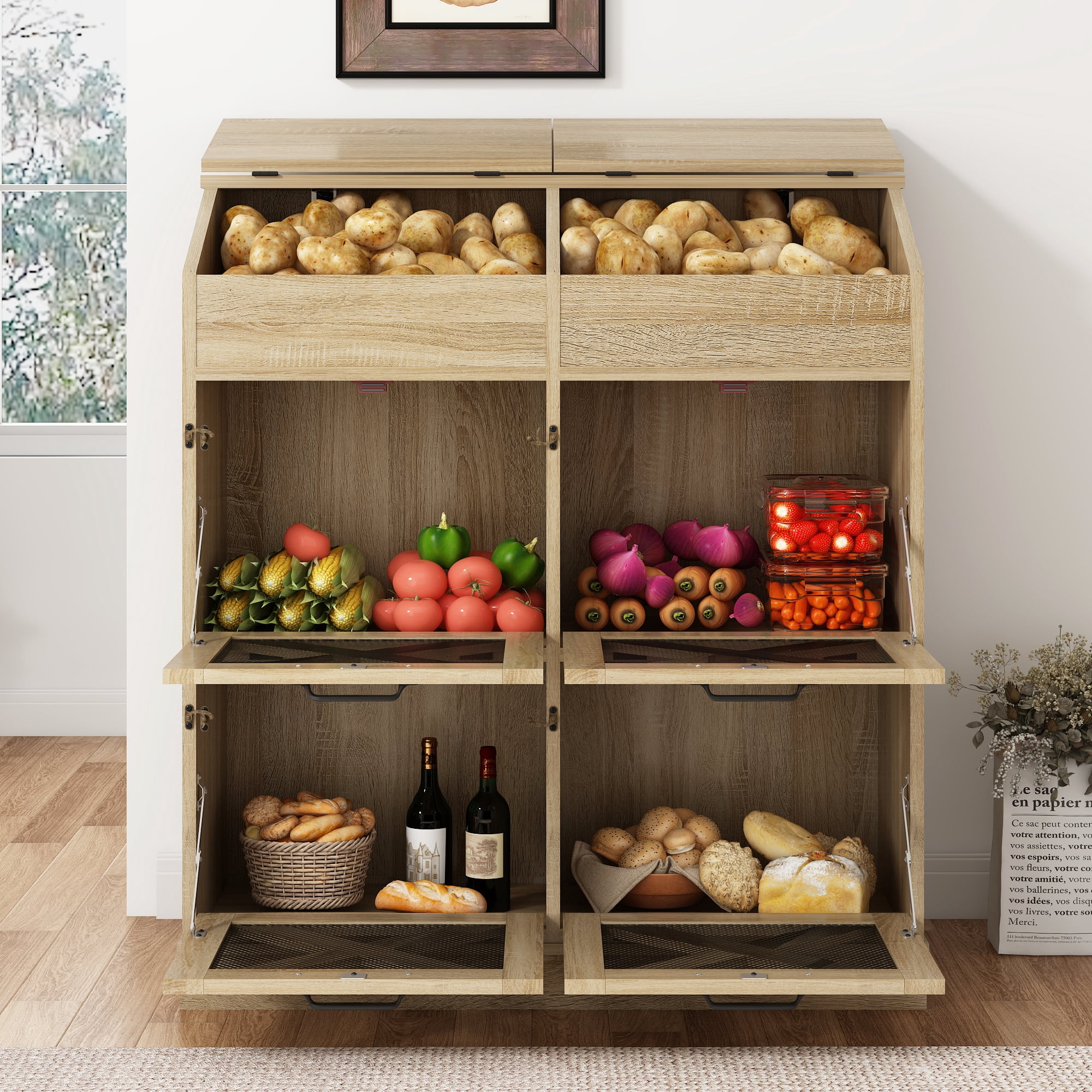 ChVans Large Potato Storage Wood Bin, Wooden Bread Storage Bins, Decorative Potato and Onion Storage Bin with 4 Doors, Potato Bin with Grocery Section, Wooden Vegetable Storage Box with Lid