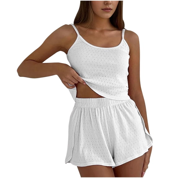 LOVZFMLL Workout Sets for Women Spaghetti Strap Tank Top and Shorts Two Piece Short Sets Hollow Athletic Running Matching Clothing White M