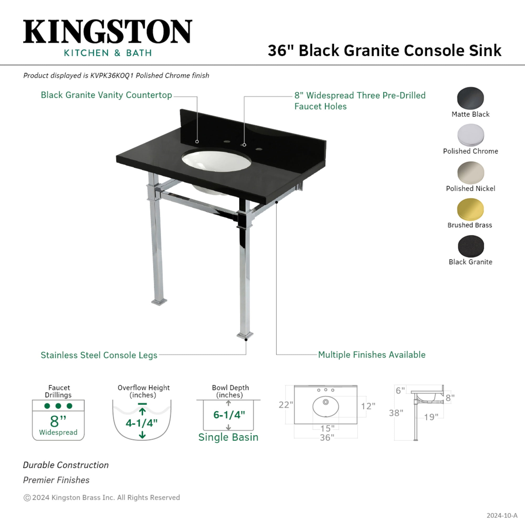 Kingston Brass KVPK36KOQ0 Monarch 36" Black Granite Console Sink with Stainless Steel Legs (8-Inch, 3-Hole), Black Granite/Matte Black
