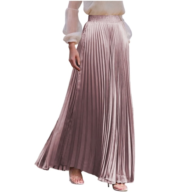 Elastic Waist Skirts for Women Solid Color Flared Ankle Length Casual Skirt Polyester Summer