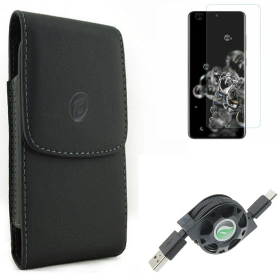 Case Belt Clip w USB Cable w Screen Protector for Samsung Galaxy S20 Ultra - Leather Holster Cover, Retractable Type-C Charger, Tempered Glass [Fingerprint Unlock] 3D Curved fits Galaxy S20 Ultra