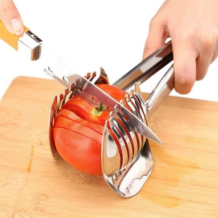 

Chok Tomato Lemon Slicer Holder Round Fruits Onion Shredder Cutter Guide Tongs with Handle Stainless Steel Easy Slicing for Kitchen Cutting Potato Lime Food Stand