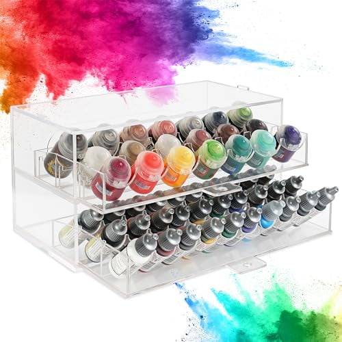 CraftyBook Acrylic Paint Storage Organizer - 50 Bottle Miniature, Hobby, Enamel, Model Paint Holder - 2 Drawer Clear Acrylic Craft Storage - Desktop Art Organization Container for Craft Room Studio