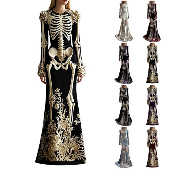 IWRICH Skeleton Halloween Dresses for Women 3D Digital Print Velvet Floral Dress Halloween Goth Parties and Events