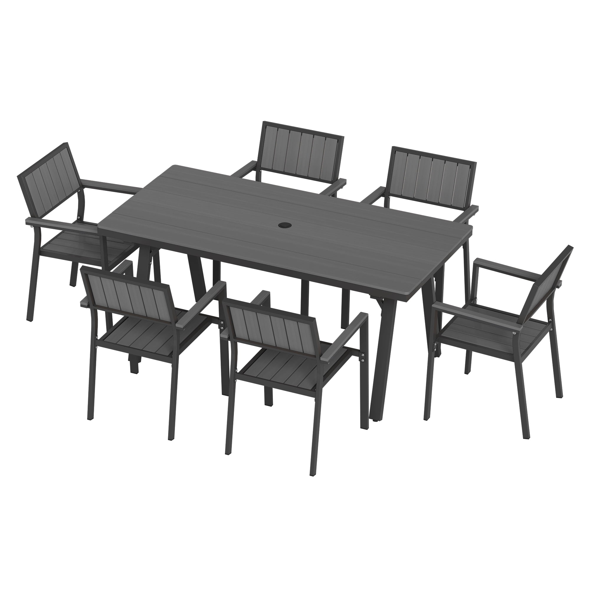 Ciokea 7 Piece Aluminum HDPS Outdoor Dining, Patio Table with Umbrella Hole & Stackable Chairs, All-Weather HDPS Furniture for Backyard, Poolside, Gray