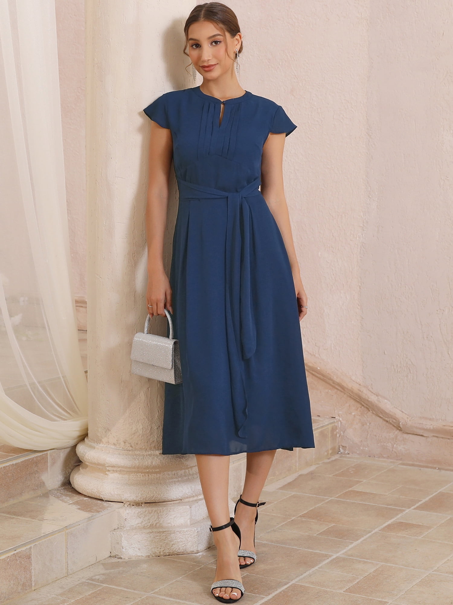 DARING DIVA Women's Elegant Midi Length Cap Sleeve Dress with Tie Waist M Dark Blue