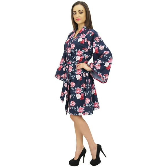 Bimba Women's Floral Printed Cotton Poplin Kimono Coverup Robe With Belt - 4