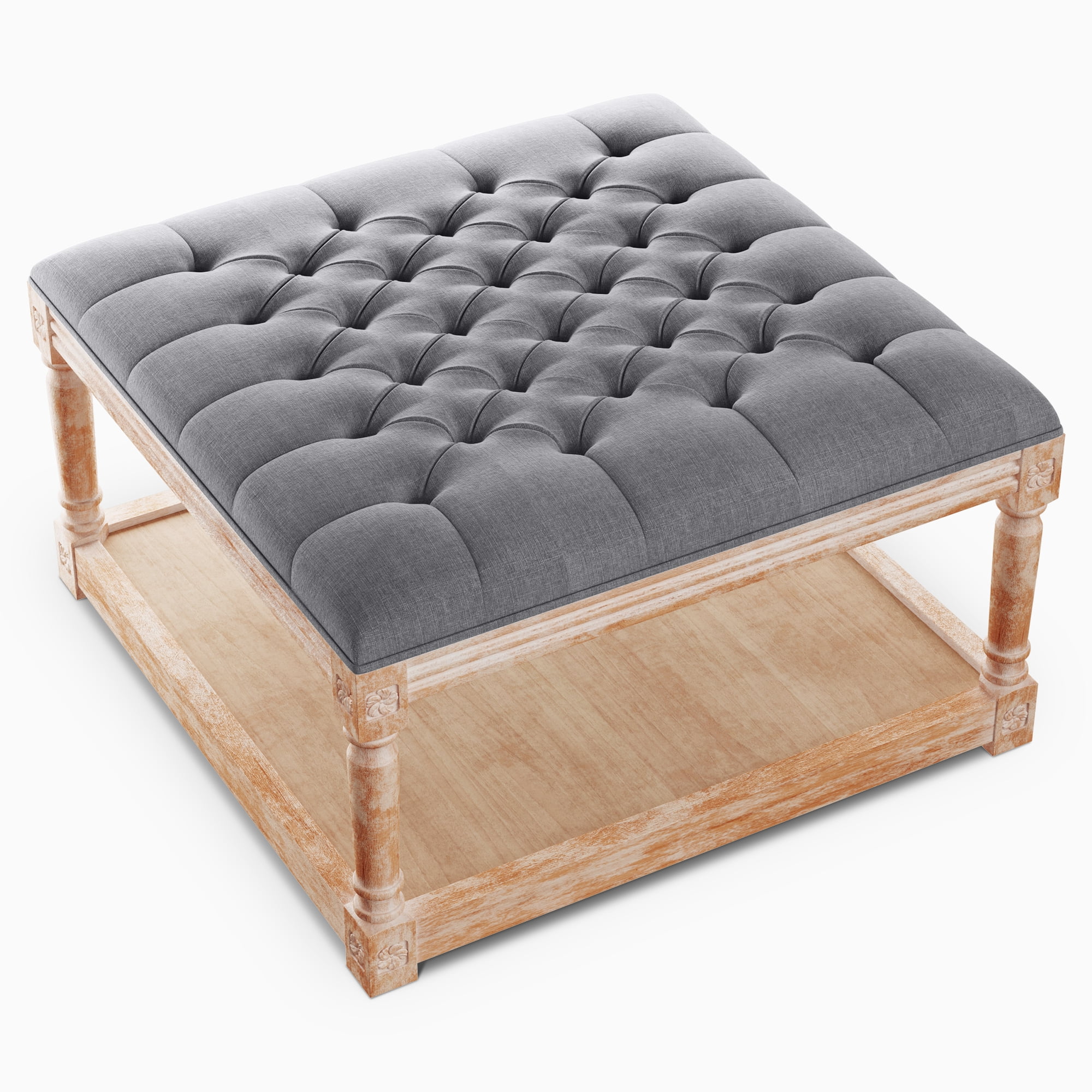 Dextrus 31" Tufted Ottoman, Modern Upholstered Linen Fabric Ottoman with Storage Shelf, Sofa Footrest Extra Seating for for Bedroom, Living Room, Entryway, Gray
