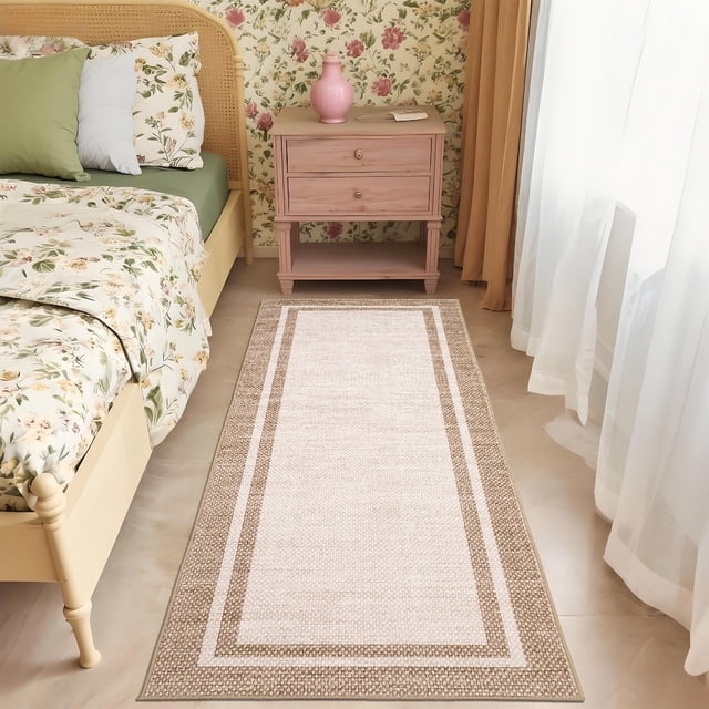 Garvee 2'x6' Modern Bordered Runner Rug Solid Rugs, Washable Rugs Neutral Minimalist Carpet with Non Slip Backing Soft Thin Low Pile Rugs for Hallway Bedroom Home Decor, Beige Pink
