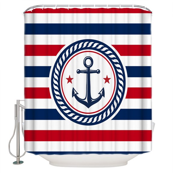 Red Blue Striped Bathroom Shower Curtains with 12 Hooks Polyester Waterproof Shower Curtain for Stalls and Bathtubs Modern Anchor Coastal Nautical Stripe Decorative Bathroom Curtain 66x72 Inches