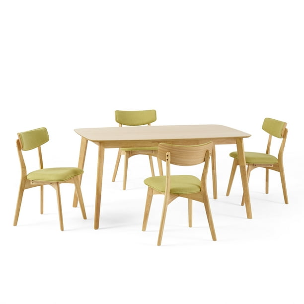 Noble House Lucca Mid Century Natural Oak Wood Green 5 Piece Dining Set ...