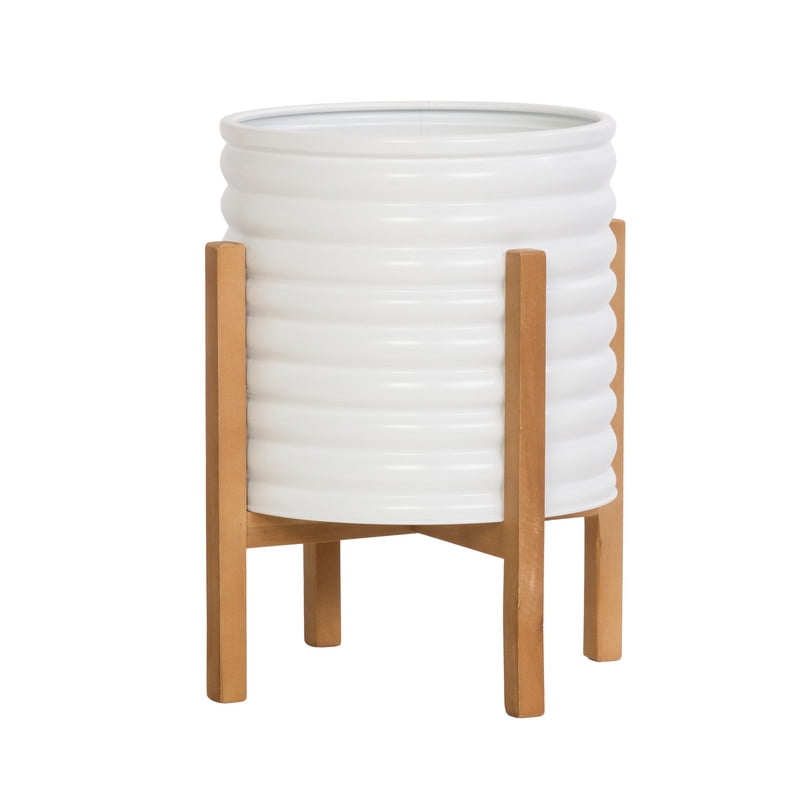 Ribbed Metal Planter Pot With 4-Leg Wood Base - White - 14.75"H x 12"W