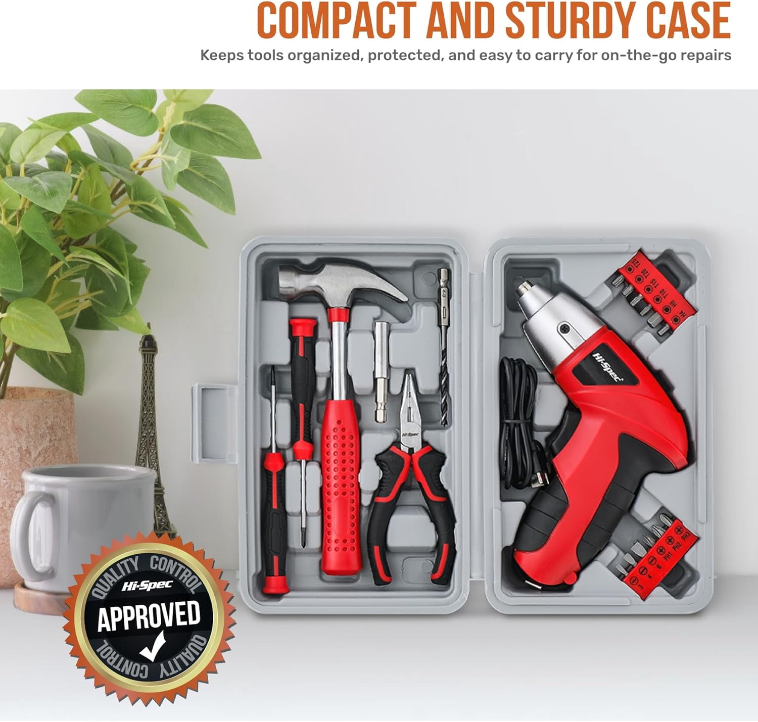 General 19pc 3.6V USB Small Power Screwdriver & Home DIY Tool Kit Set. Cordless & Rechargeable Electric Screwdriver and Compact Hand Tool Box Set,Red