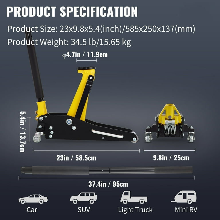 YELLOW JACKET 1.5 Ton Low Profile Aluminum & Steel Floor Jack - 3300 Lbs Capacity, Quick Lift Dual Pump, 3.5" To 14" Lift