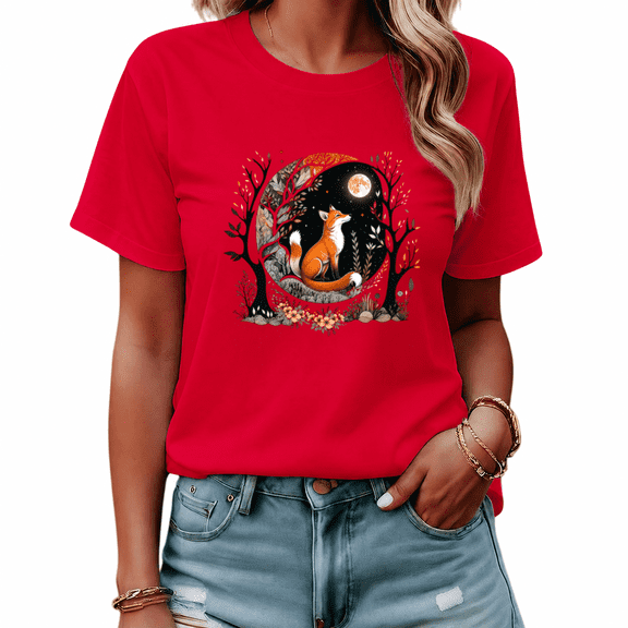 UNISHE Women's Red Woodland Fox Graphic Short Sleeve T-Shirt Cotton Crewneck Top