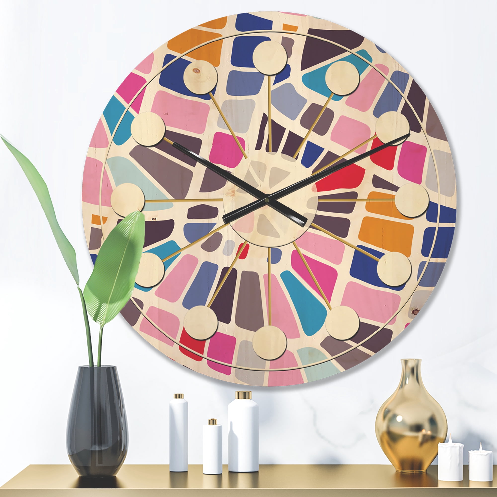 Designart 'Abstract Retro Geometric Pattern Design I' Mid-Century Modern Wood Wall Clock